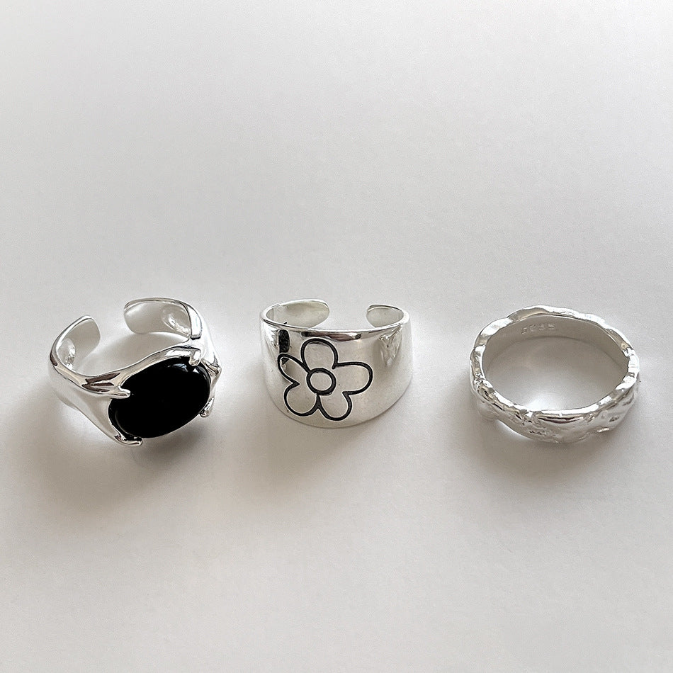 Anello floreale minimalista in argento sterling 925 con intarsio in agata nera, gioielli da donna regolabili