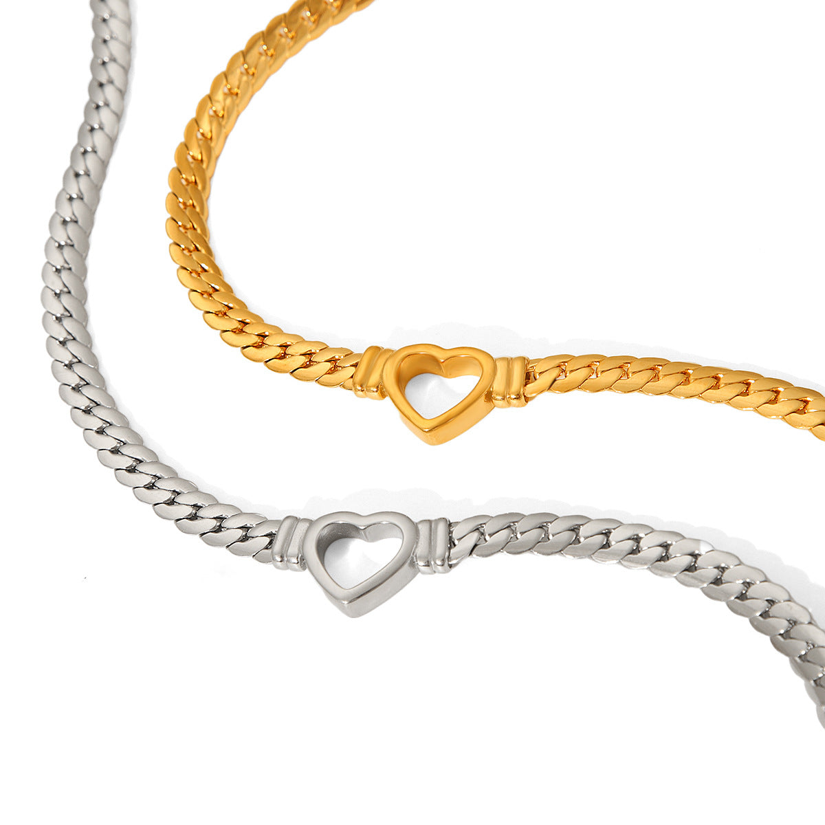 Minimalist Hollow Heart Pendant Necklace in Stainless Steel with 18K Gold Plating Cuban Chain for Women