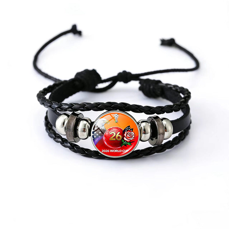 Vintage Geometric Round Black Leather Snap Button Bracelet Unisex Multi-layer Woven Fan Souvenir