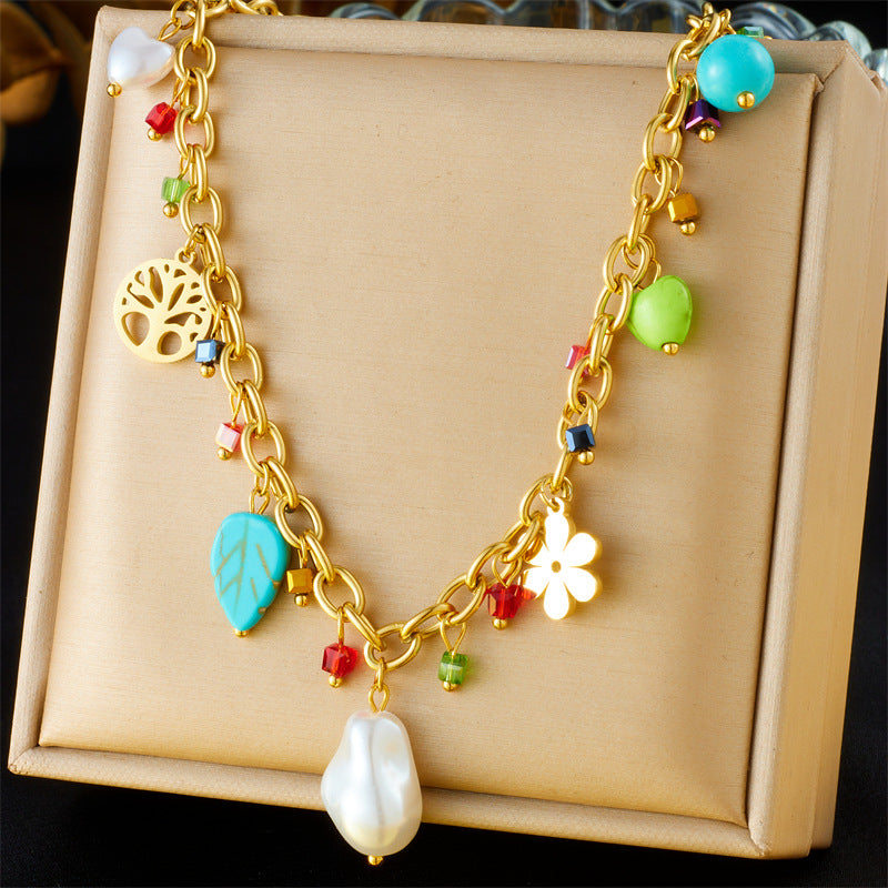 Vintage Double Layer Stainless Steel Necklace with Rhinestone and Drip Oil Cherry Heart Star Charms