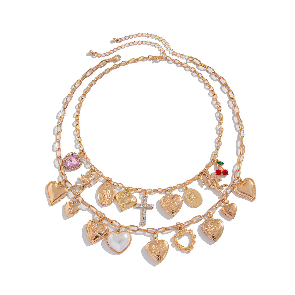 Collana con ciondolo a forma di cuore a ciliegia minimalista con intarsio in strass in lega su catena a O da donna