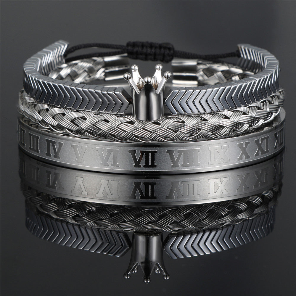 Vintage Crown Geometric Micro-inlay Stainless Steel Mesh Open Cuff Bracelet Set for Unisex