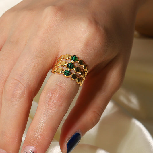 Anello in acciaio inossidabile geometrico stile INS con placcatura in oro 18 carati e intarsio in malachite da donna