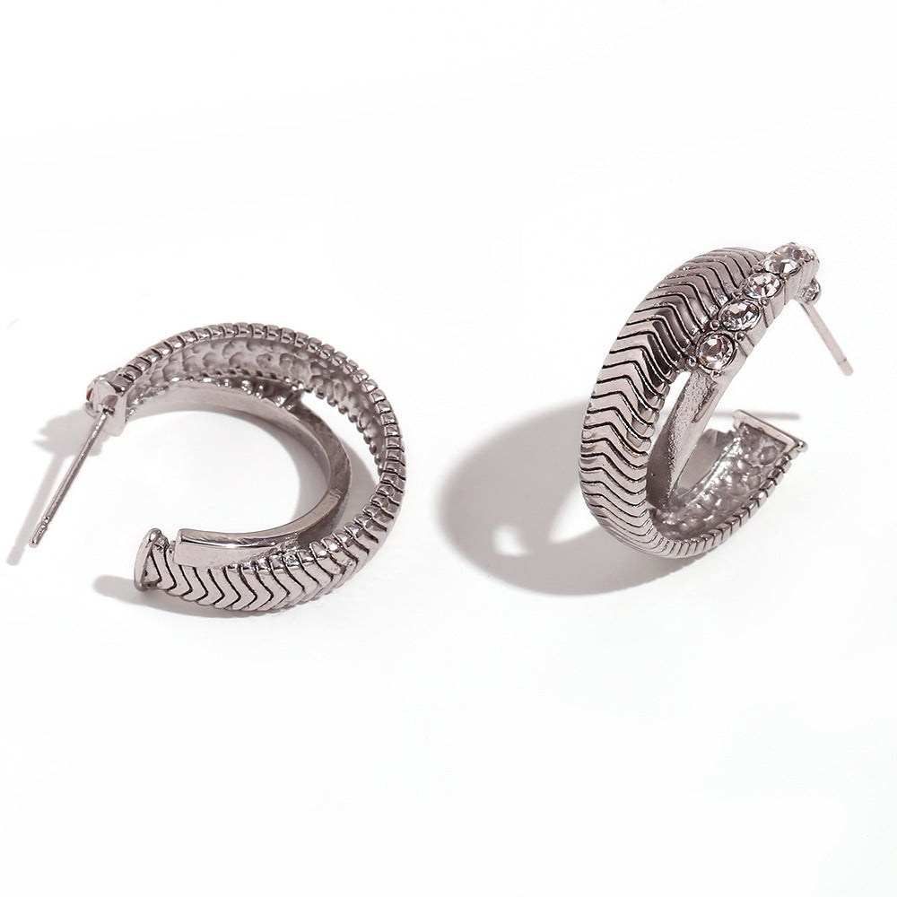 Fashionable Geometric Stainless Steel Earrings with 18K Gold Plating and Micro-Pave Crossed Fishbone Texture