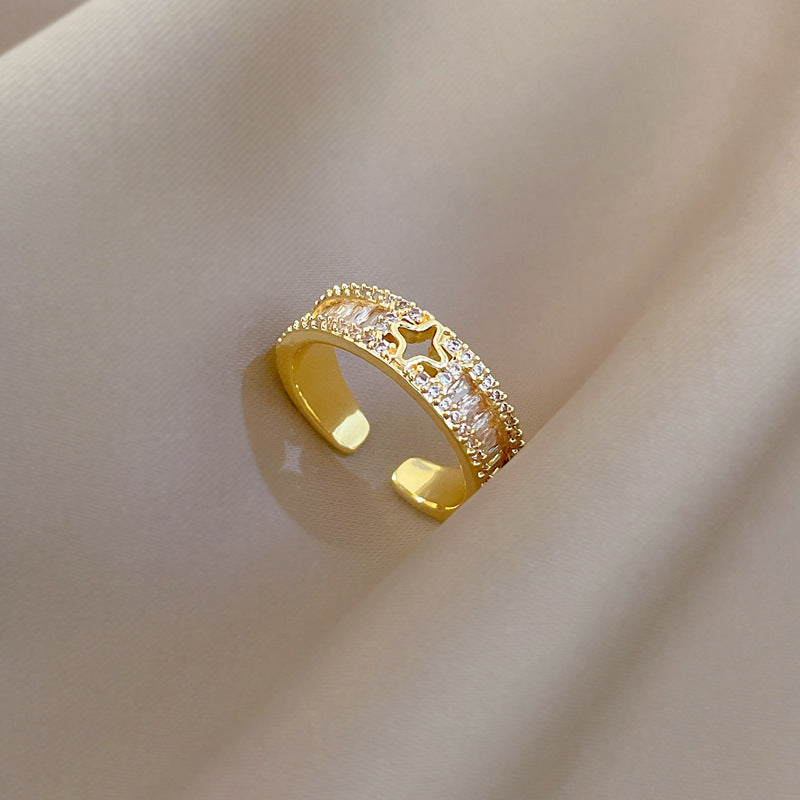 Sweet Minimalist Gold Plated Brass Crown Rhinestone Adjustable Ring for Women and Couples