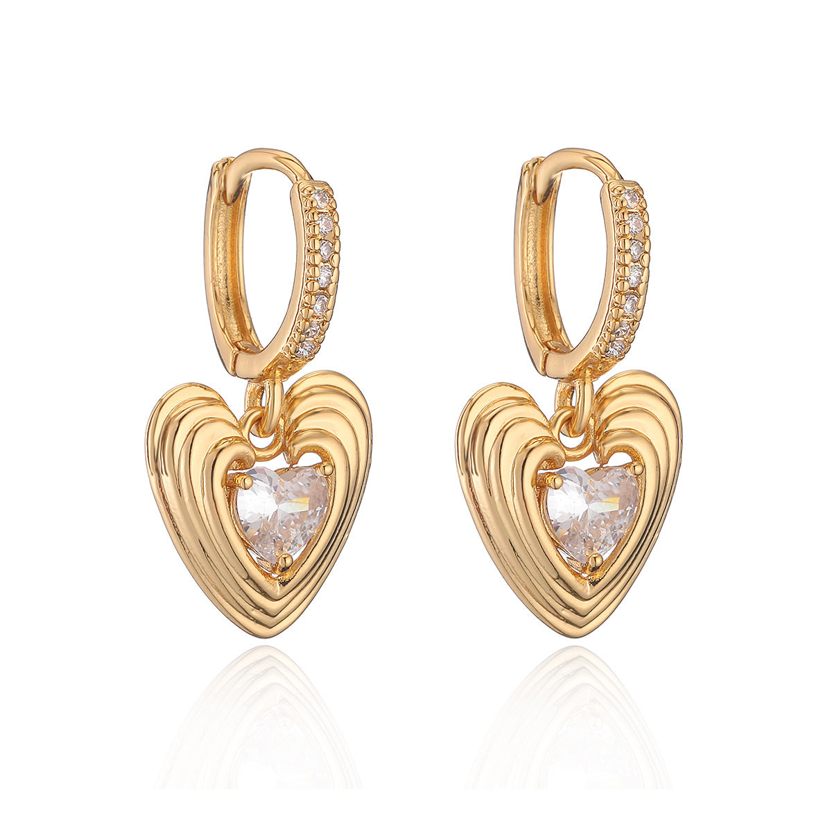 Minimalist Heart-Shaped Copper Earrings with Real Gold Plating and Zircon Inlay for Women