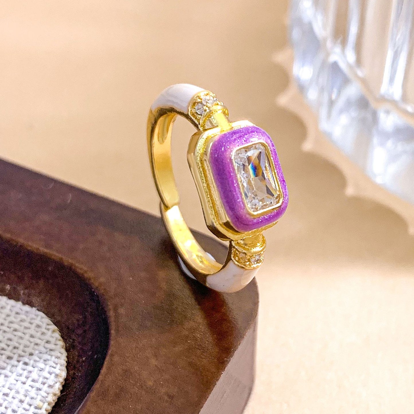 Sweet Geometric Square Gold Plated Brass Ring with Cubic Zirconia and Enamel Drip Oil Design for Women