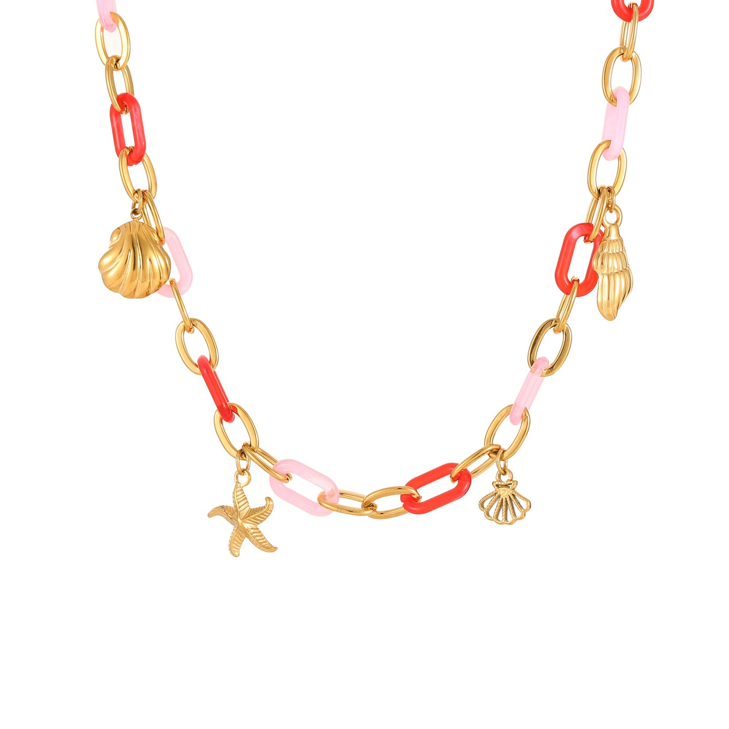 Collar de Acero de Titanio con Cadena de Resina Temática Oceánica a la Moda con Colgante de Concha y Estrella de Mar para Mujer