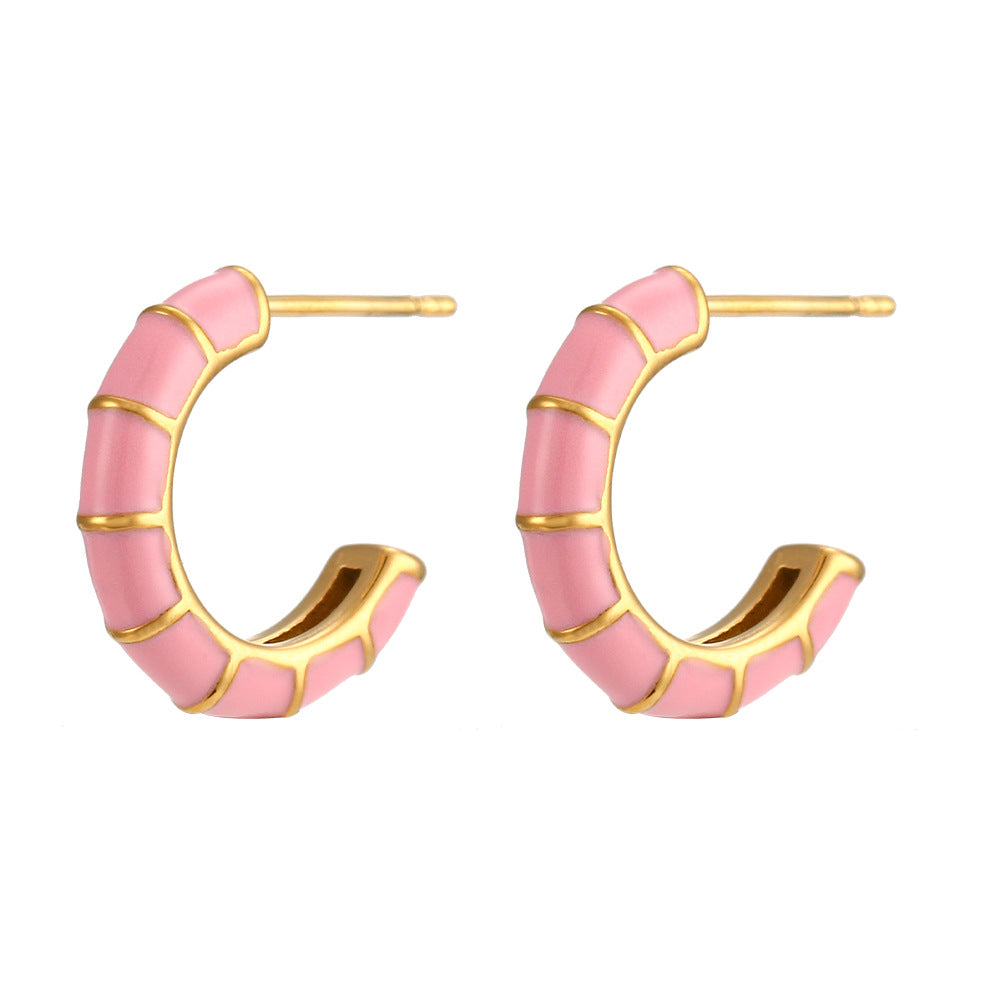 Fashionable Geometric Wheel-Shaped Stainless Steel Earrings with 18K Gold Plating and Enamel Coloring for Women