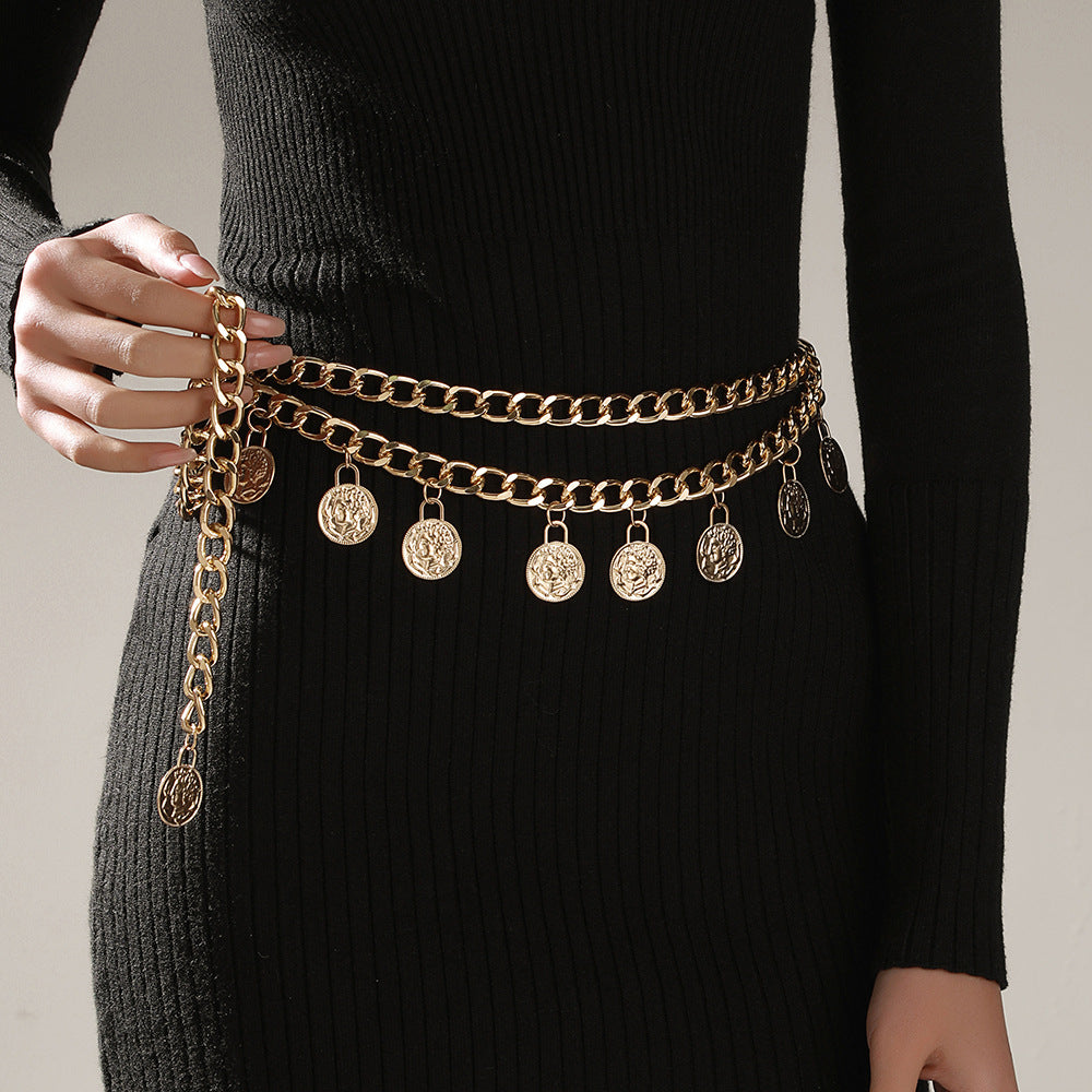 Vintage Floral Carved Tassel Double Layer Body Chain for Women