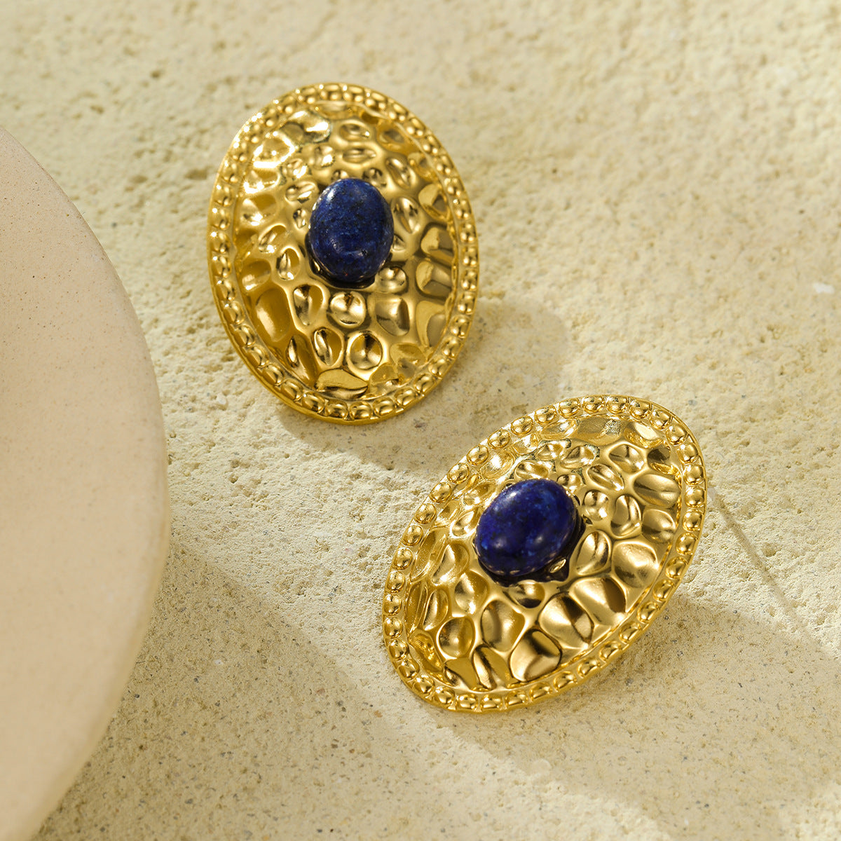 Pendientes de Acero Inoxidable con Textura Ovalada de Estilo Vintage con Incrustaciones de Piedra Natural para Mujer