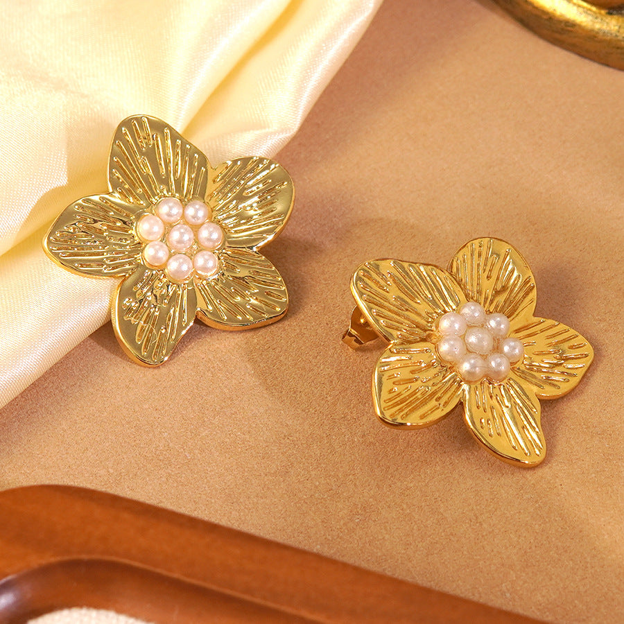 Vintage Floral Stamping Stainless Steel Pearl Earrings