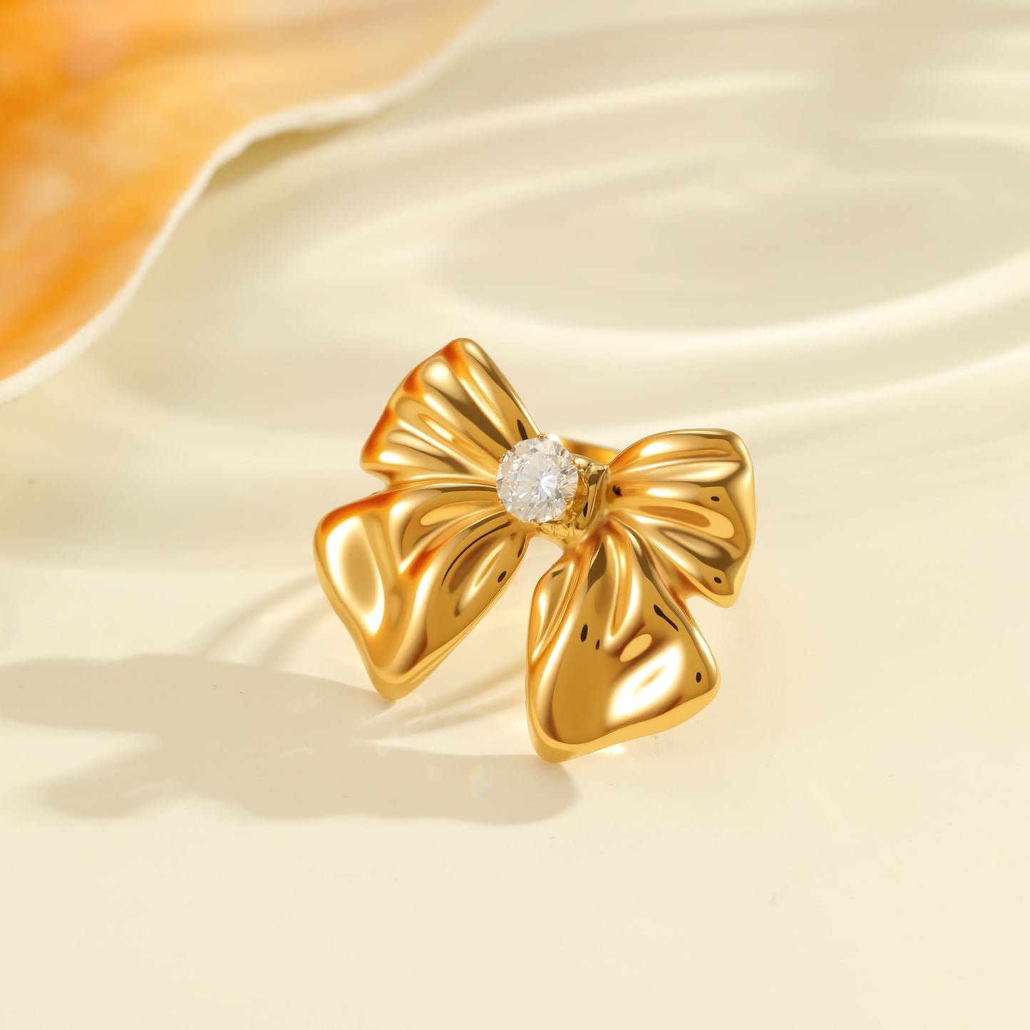 Anillo de Acero Inoxidable con Zirconia en Forma de Lazo, Chapado en Oro de 18K, Ajustable, Abierto, para Mujer