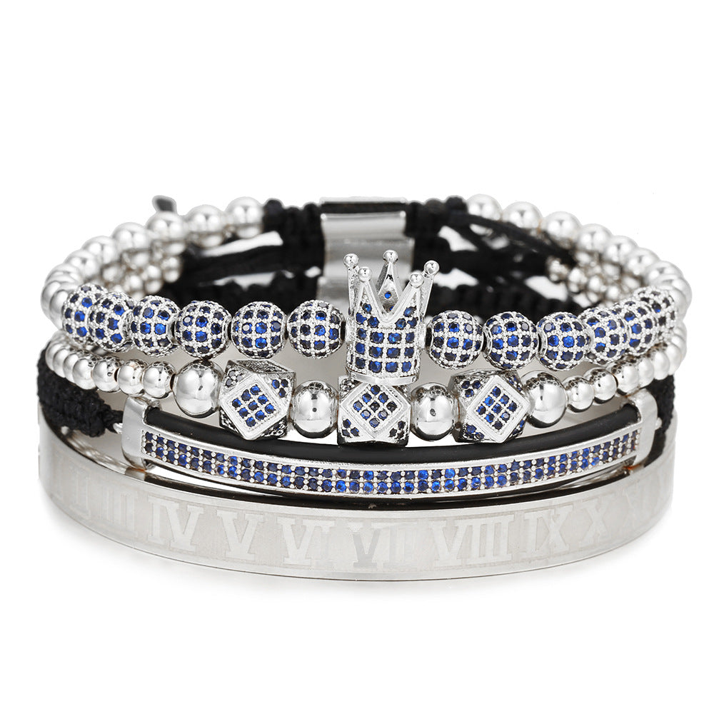 Fashion Unisex Micro-pave Cubic Zirconia Crown Ball Geometric Titanium Steel Bracelet Set