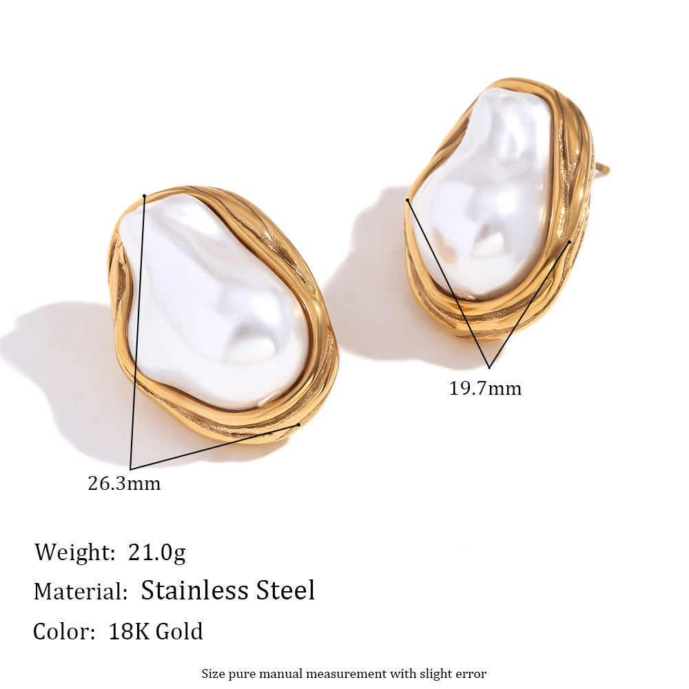 Geometric Irregular Fashion Earrings in Stainless Steel with 18K Gold Plating Featuring Spiral Seashell Design and Simulated Pearl Accents