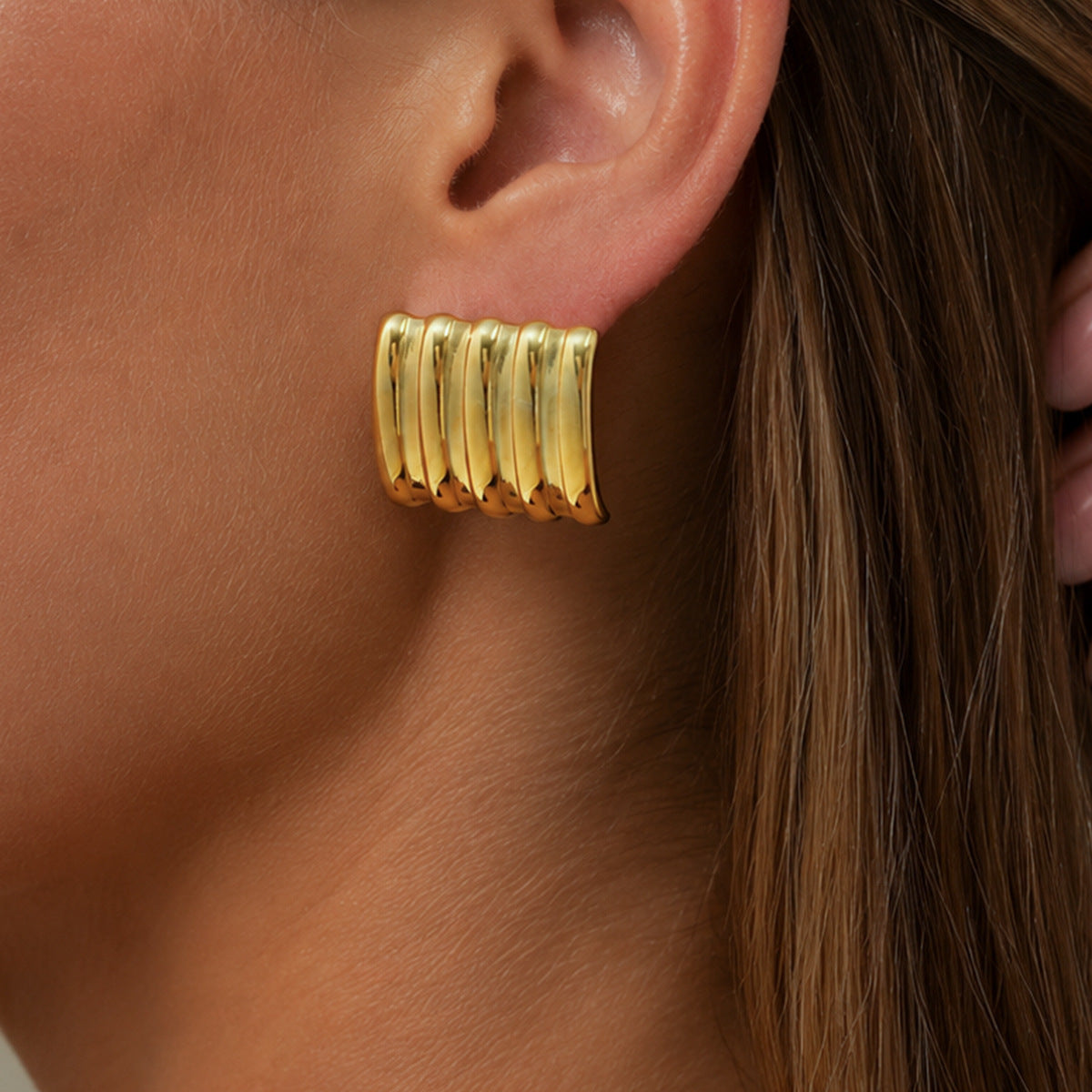 Minimalist 18K Gold Plated Stainless Steel Square Geometric Striped Earrings for Women