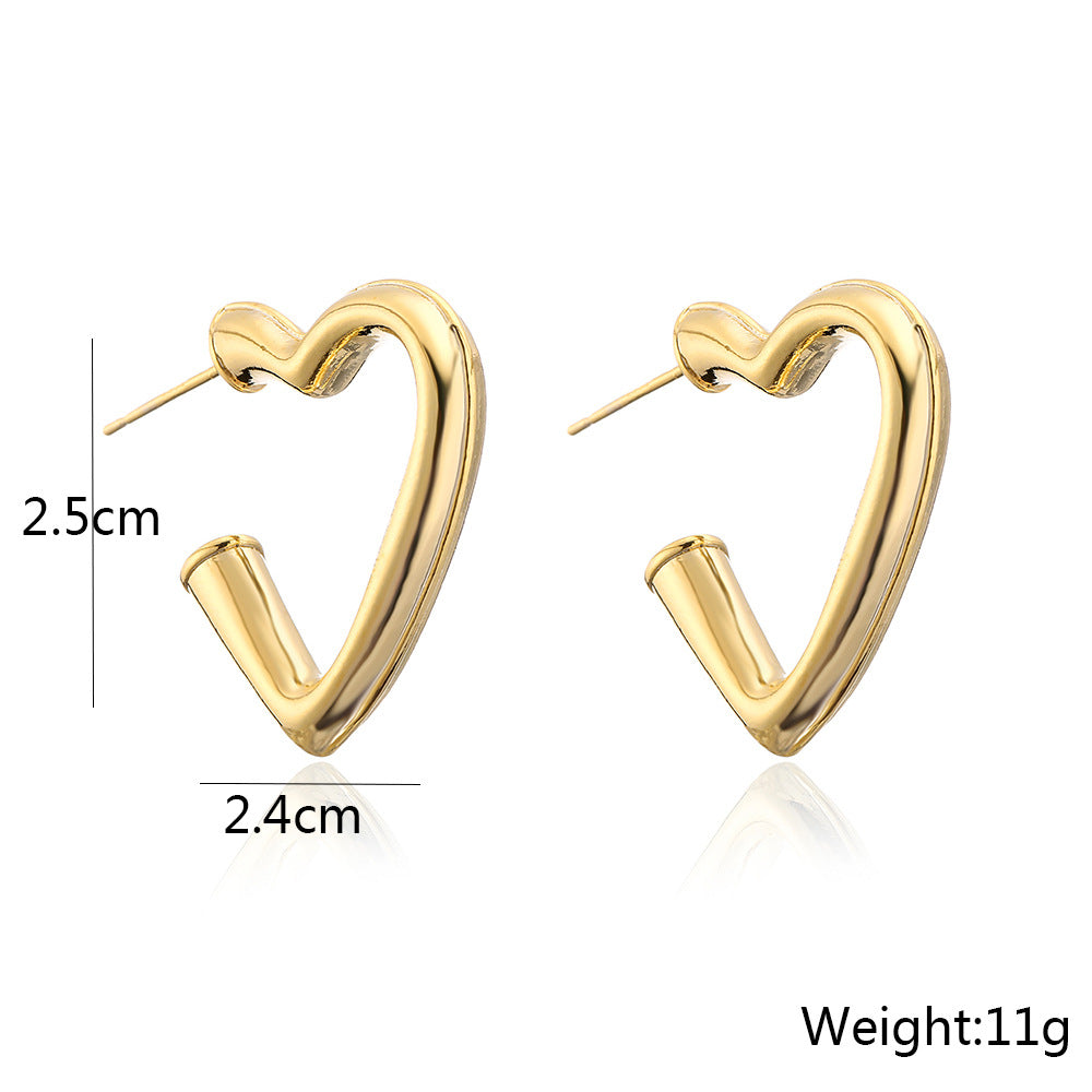 Geometric Heart-Shaped Copper Earrings with 18K Gold Plating for Women, Minimalist Fashion Accessory