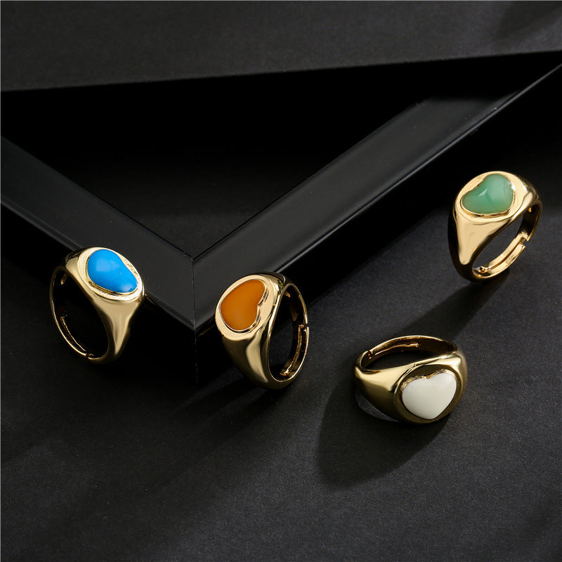 18K Gold Plated Brass Drip Oil Heart Geometric Open Ring for Women