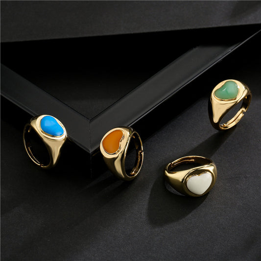 18K Gold Plated Brass Drip Oil Heart Geometric Open Ring for Women