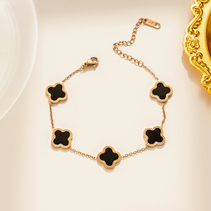 Bracciale in Acciaio al Titanio con Trifoglio a Quattro Foglie Geometrico Leggero di Lusso Placcato Oro Rosa 18K