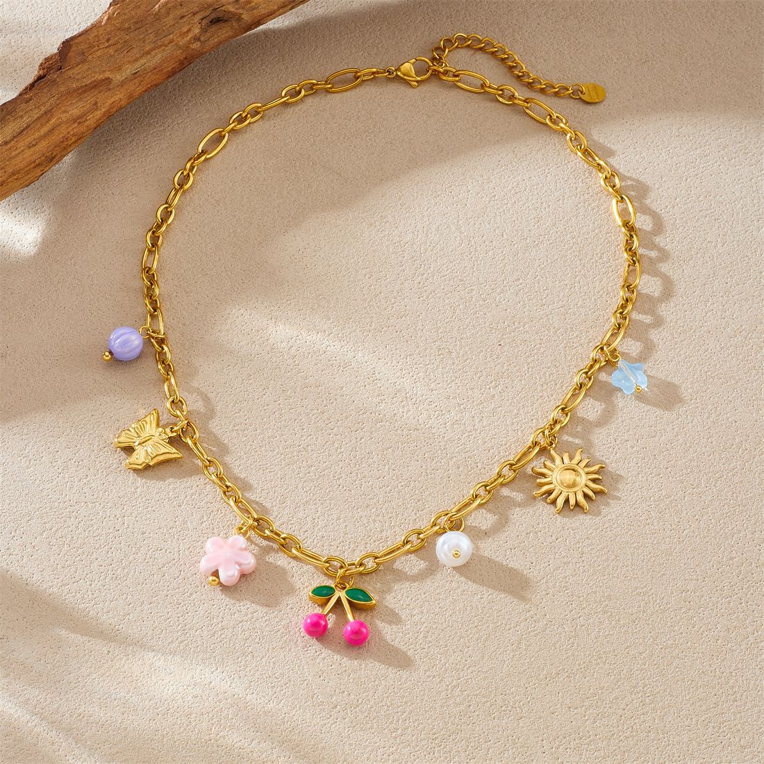 Vintage Sweet Floral Butterfly Drip Oil Gold Plated Stainless Steel Necklace with Pearl and Cherry Pendant