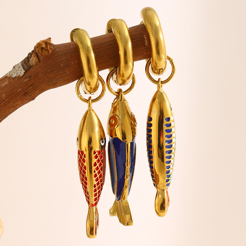 Colorful Drip Oil Plated 18K Gold Stainless Steel Fish Earrings for Women