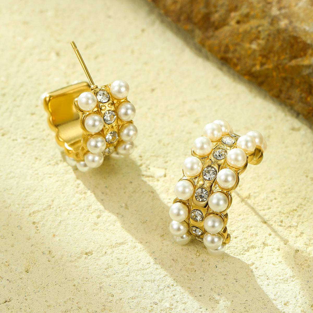 Minimalist C-Shaped Titanium Steel Earrings with Pearl and Zircon Inlay for Women