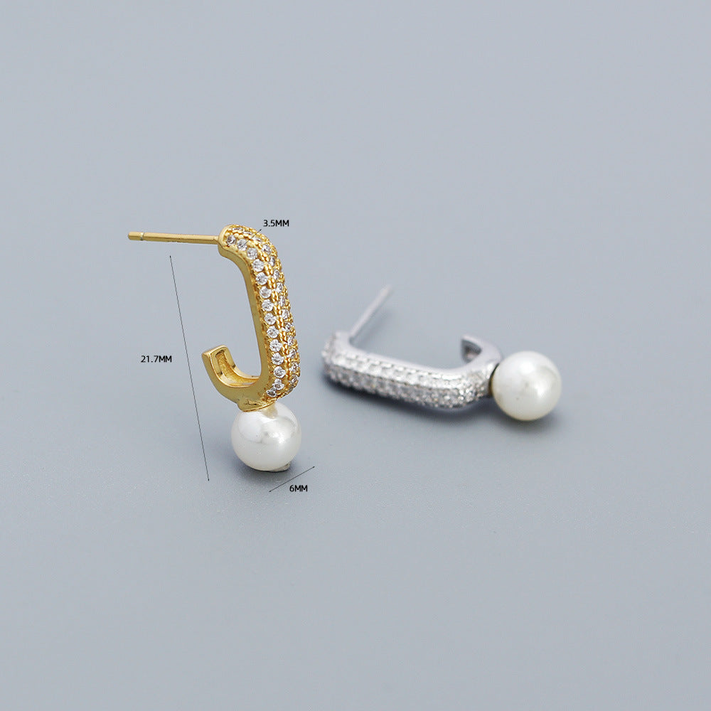 Minimalist Geometric Pearl Stud Earrings in Sterling Silver with Rhinestone Inlay for Women