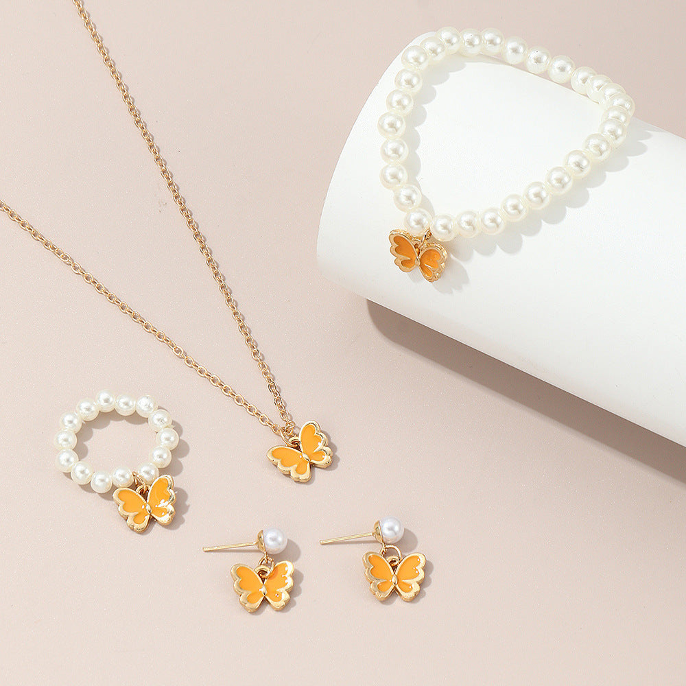 Set di collana in lega a forma di farfalla, con finitura smaltata, per bambine, Collezione Principessa, con catena a croce regolabile
