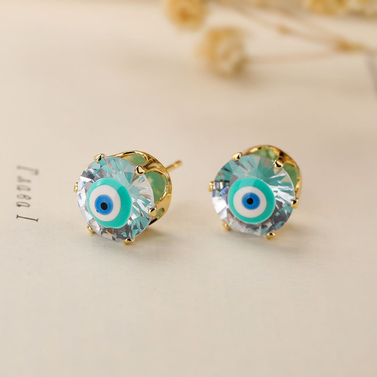 Minimalist Geometric Evil Eye Stud Earrings in Copper with Gold Plating and Zircon Inlay
