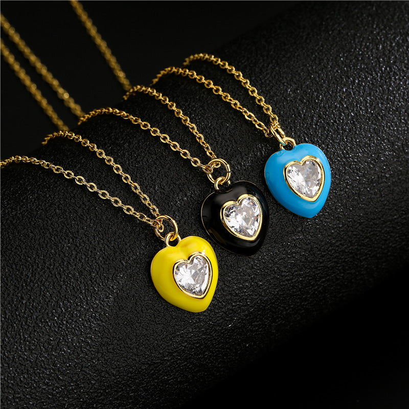 Elegant Heart Drip Oil Inlay Cubic Zirconia Brass Necklace for Women with Cable Chain
