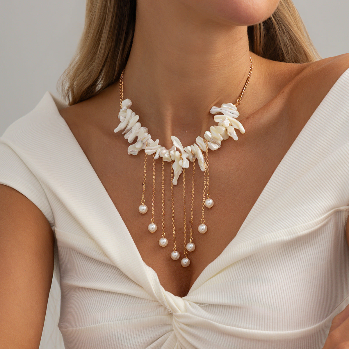 Sweet Geometric Iron Plated Necklace with Faux Pearl and Shell Tassel for Women