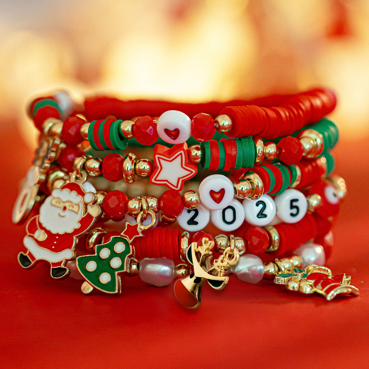 Geometric Resin Beaded Bracelet Set Christmas Theme Unisex Jewelry