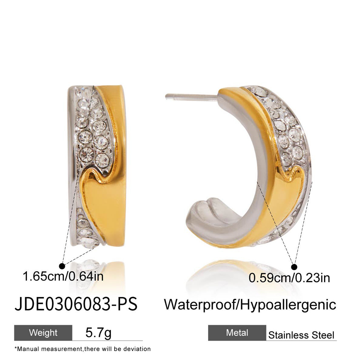 Pendientes de aro en C geométricos de acero inoxidable con detalles de diamantes de imitación para mujer con acabado chapado de aspecto minimalista de lujo