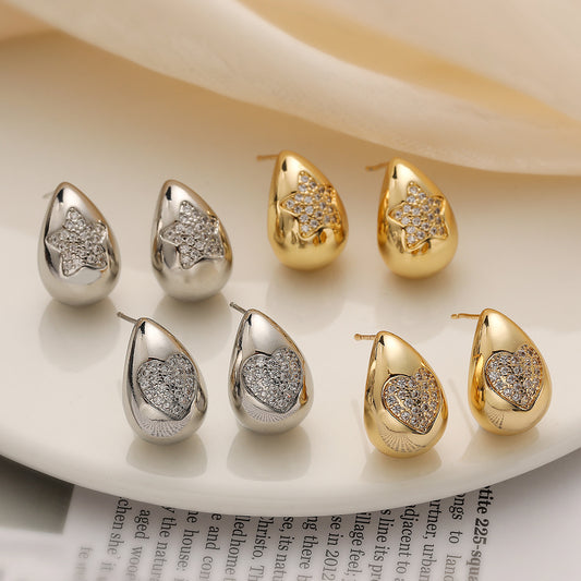 Minimalist Luxe Copper Gold-Plated Zircon Heart Star Teardrop Stud Earrings for Women