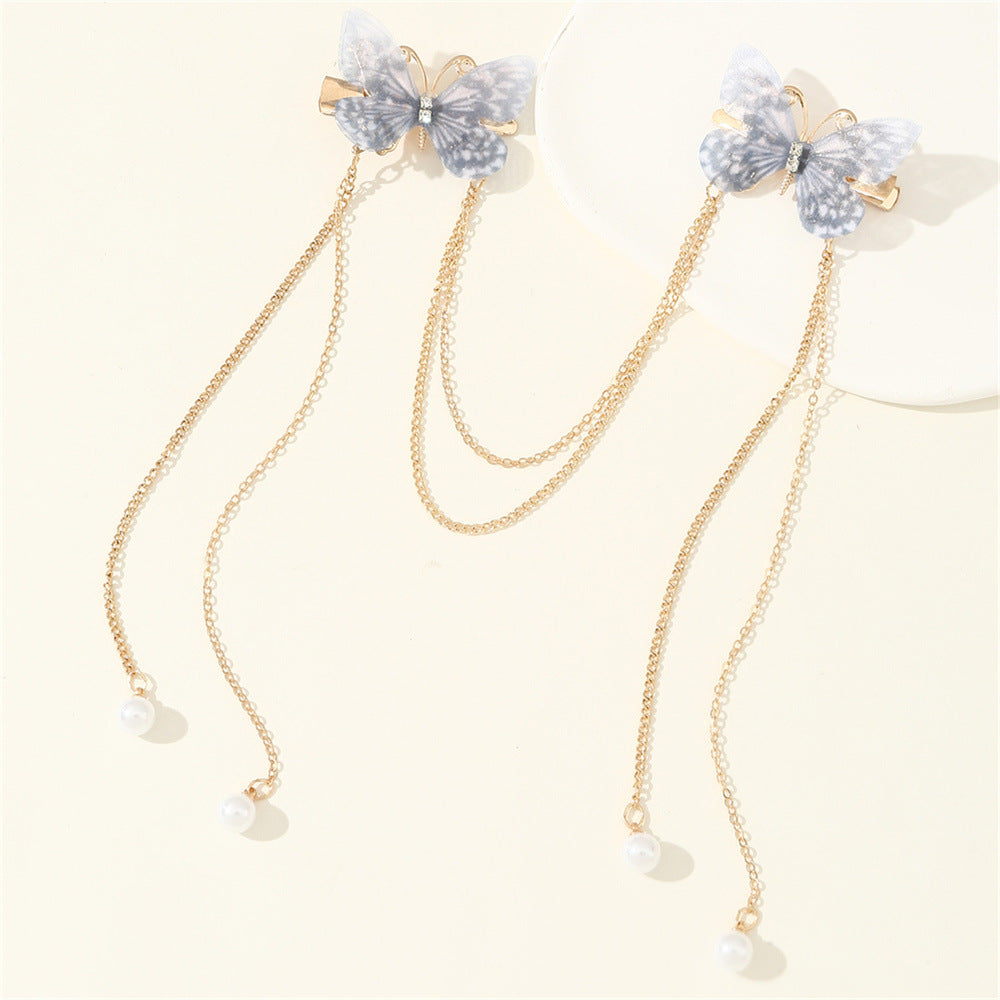 Ancient Chinese Style Butterfly Hairpin Set with Pearl Dangling Tassels for Girls, Metal Hair Clips with Delicate Flowing Fringe