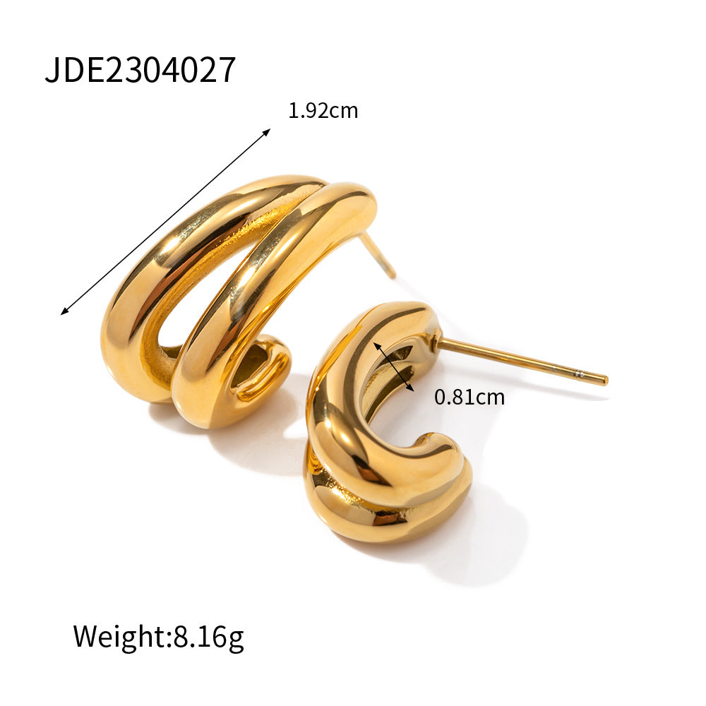 Trendy Geometric Double Layer Hollow C-Shaped 18K Gold Plated Stainless Steel Stud Earrings for Women
