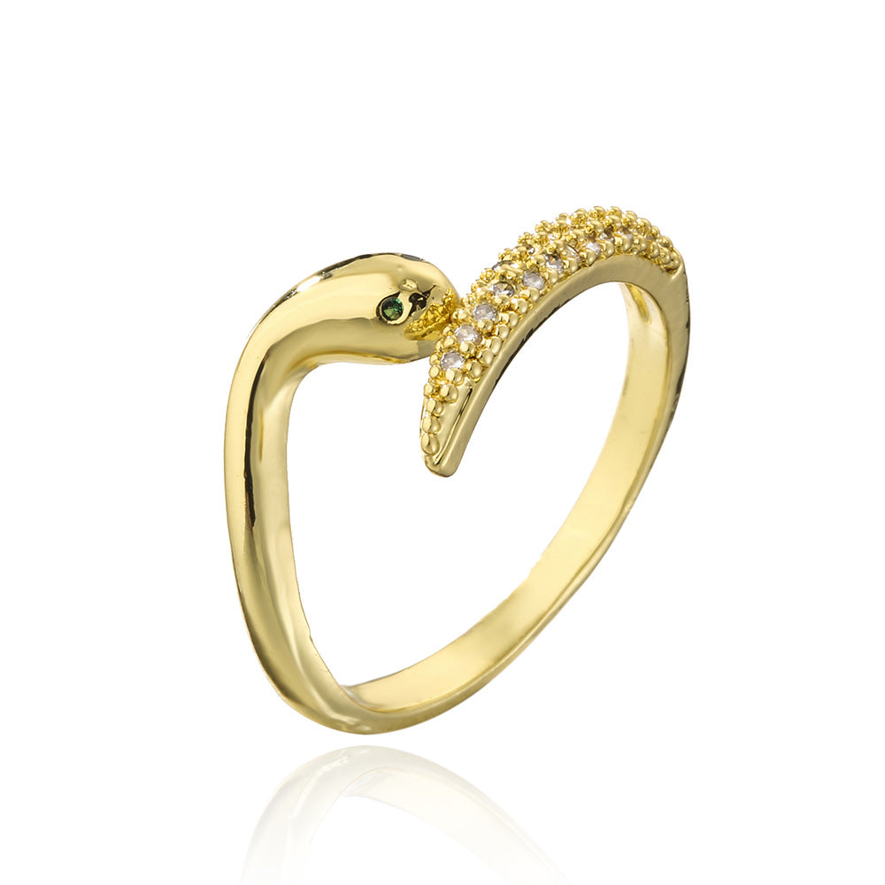 Anello Aperto a Serpente Geometrico Minimalista Placcato Oro 18K Rame con Zirconi Micro Incassati da Donna