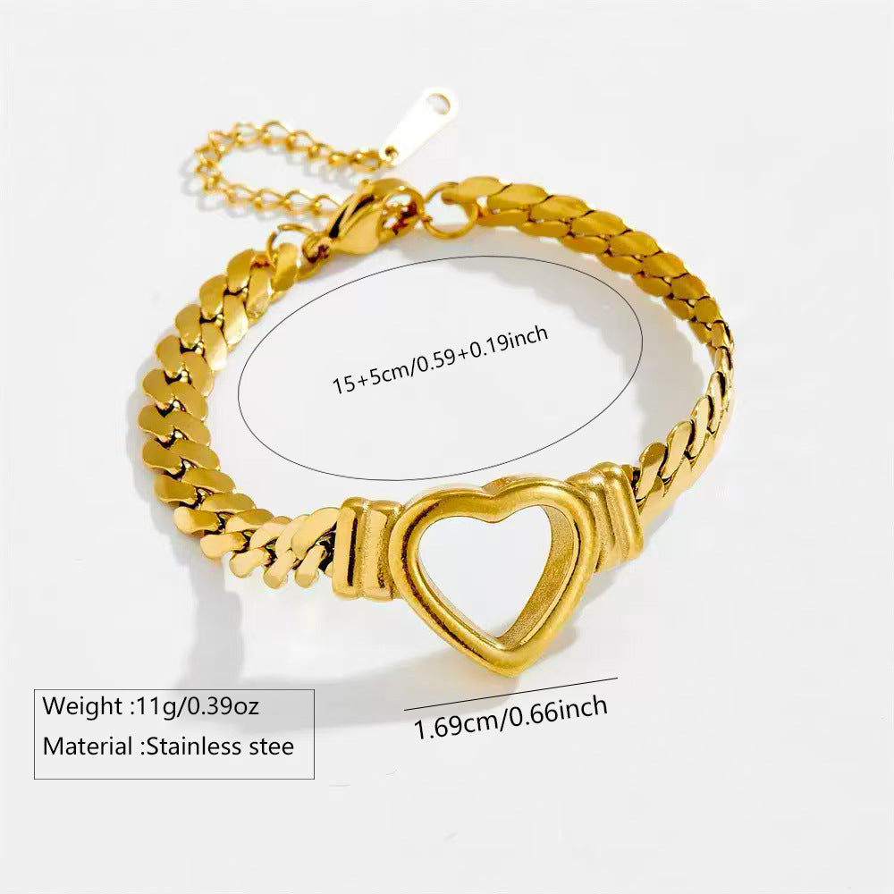 Set collana e bracciale a catena a maglie forate a cuore, minimalistici ed eleganti, in acciaio inossidabile e titanio, placcati, per donna