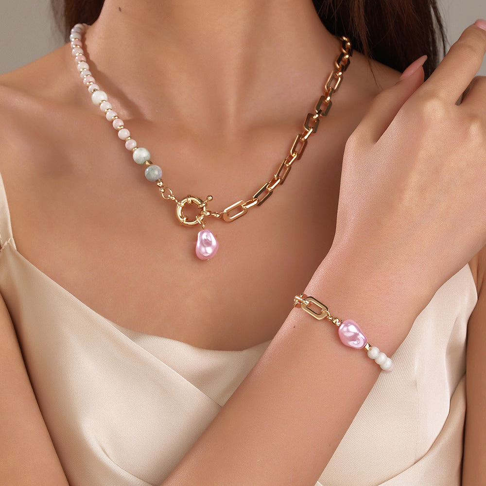 Fashion Geometric Round Imitation Pearl Plated Alloy Necklace and Bracelet Set