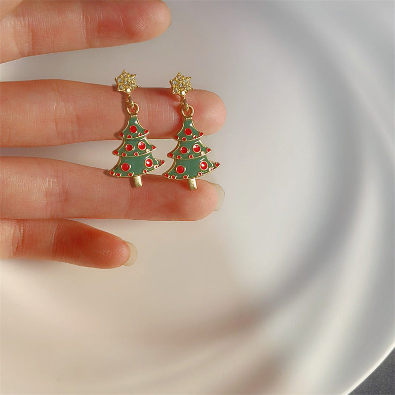 Pendientes de tuerca con forma de árbol de Navidad y diamantes de imitación rosas para mujer, con base de aleación de zinc y acabado galvanizado.