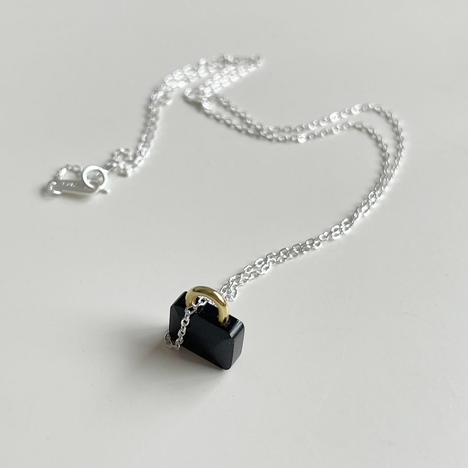 Minimalist Geometric Lock Pendant Necklace in 925 Sterling Silver