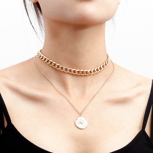 Collana pendente geometrica vintage a doppio strato in lega per donna con finitura galvanizzata e stile catena alla clavicola
