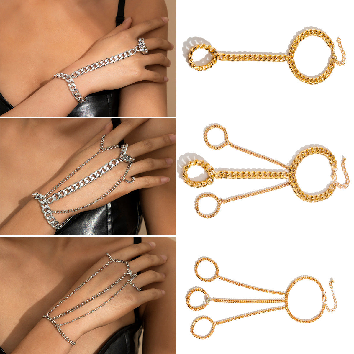 Pulsera de dedo con cadena de serpiente de metal de alta resistencia exagerada para mujer, estilo dulce y atrevido vintage hip-hop, diseño geométrico galvanizado