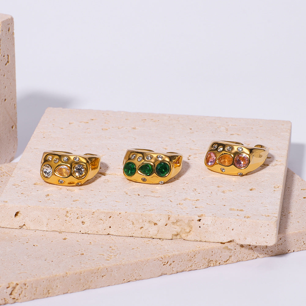 Anello aperto regolabile vintage in acciaio inossidabile con intarsio di strass colorati e placcatura in oro 18 carati, gioiello geometrico minimalista