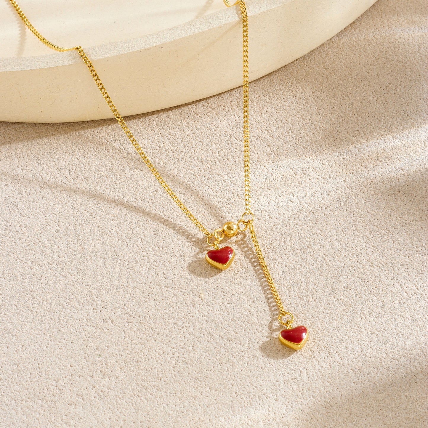 Minimalist Wine Red Heart Stainless Steel Plated Pendant Necklace with Tassel for Women