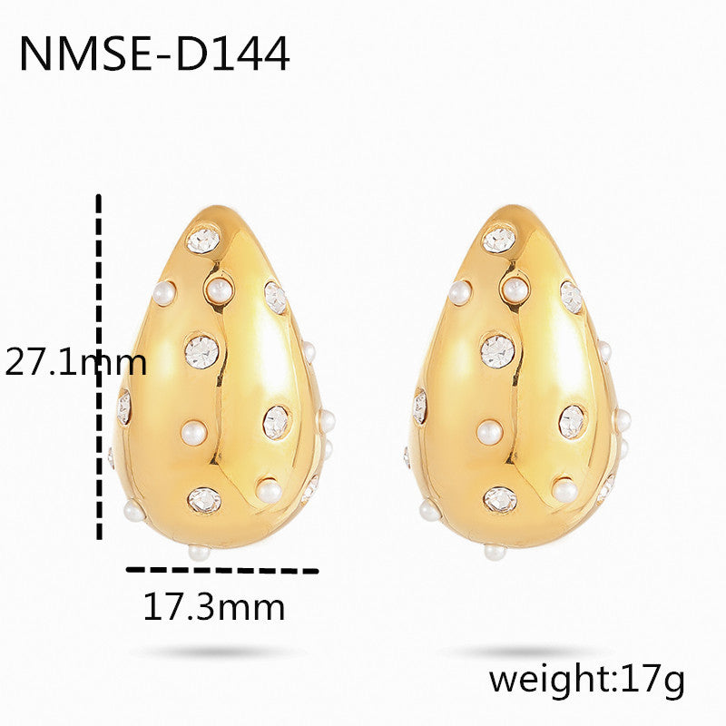Fashionable Water-Drop-Shaped Titanium Steel Earrings with Pearl Accents and 18K Gold Plating for Women