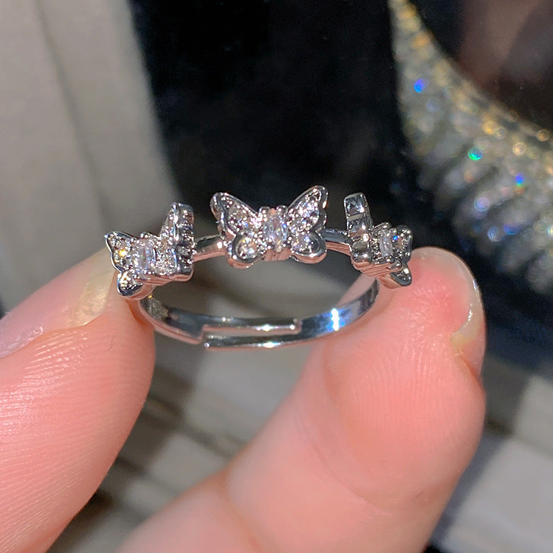 Sweet Elegant Heart Butterfly Brass Ring with Cubic Zirconia Handmade Adjustable