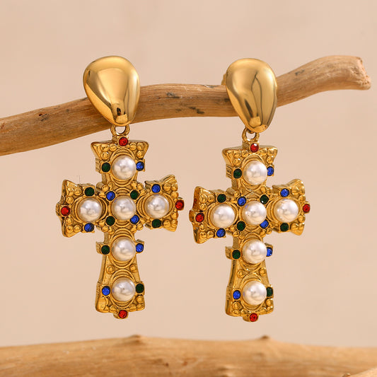 Pendientes de acero inoxidable en forma de cruz de estilo vintage con baño de oro de 18 quilates y detalles de diamantes de imitación de colores y perlas para mujer