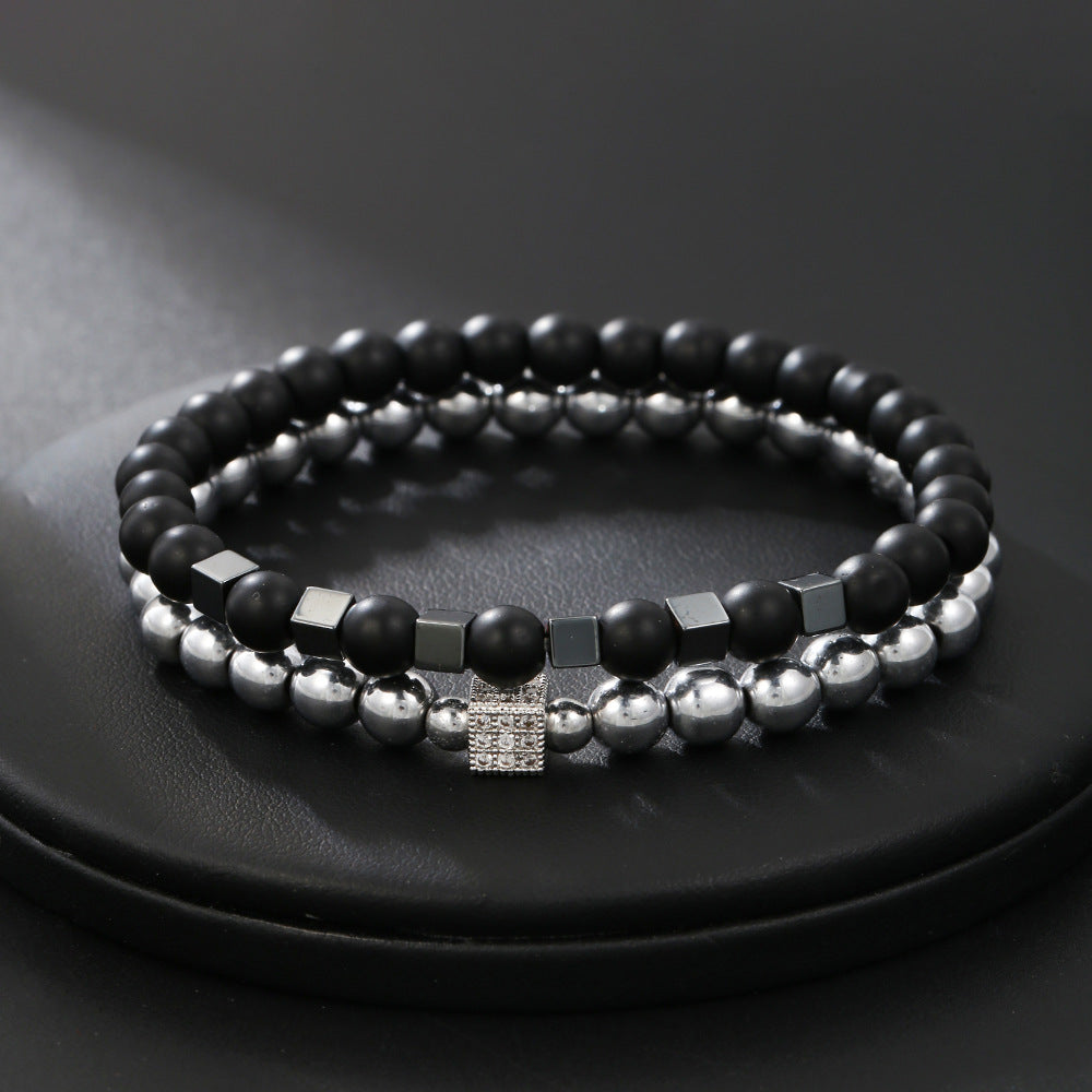 Ethnic 8mm Matte Hematite and Brass Square Bracelet with Cubic Zirconia Inlay for Unisex